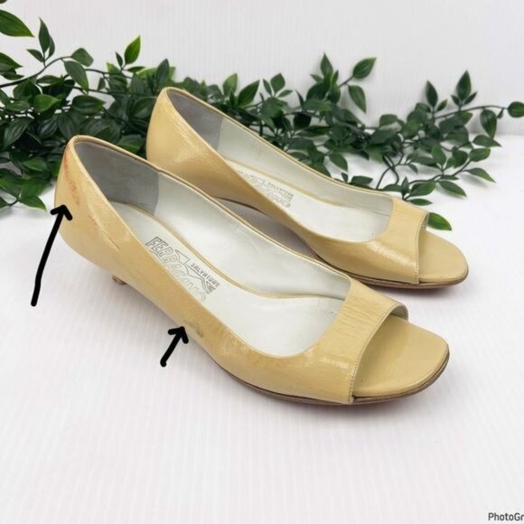 Salvatore Ferragamo ivory/Butter shoes open toe, kitten heel Leather Pumps 6.5 - Picture 6 of 10